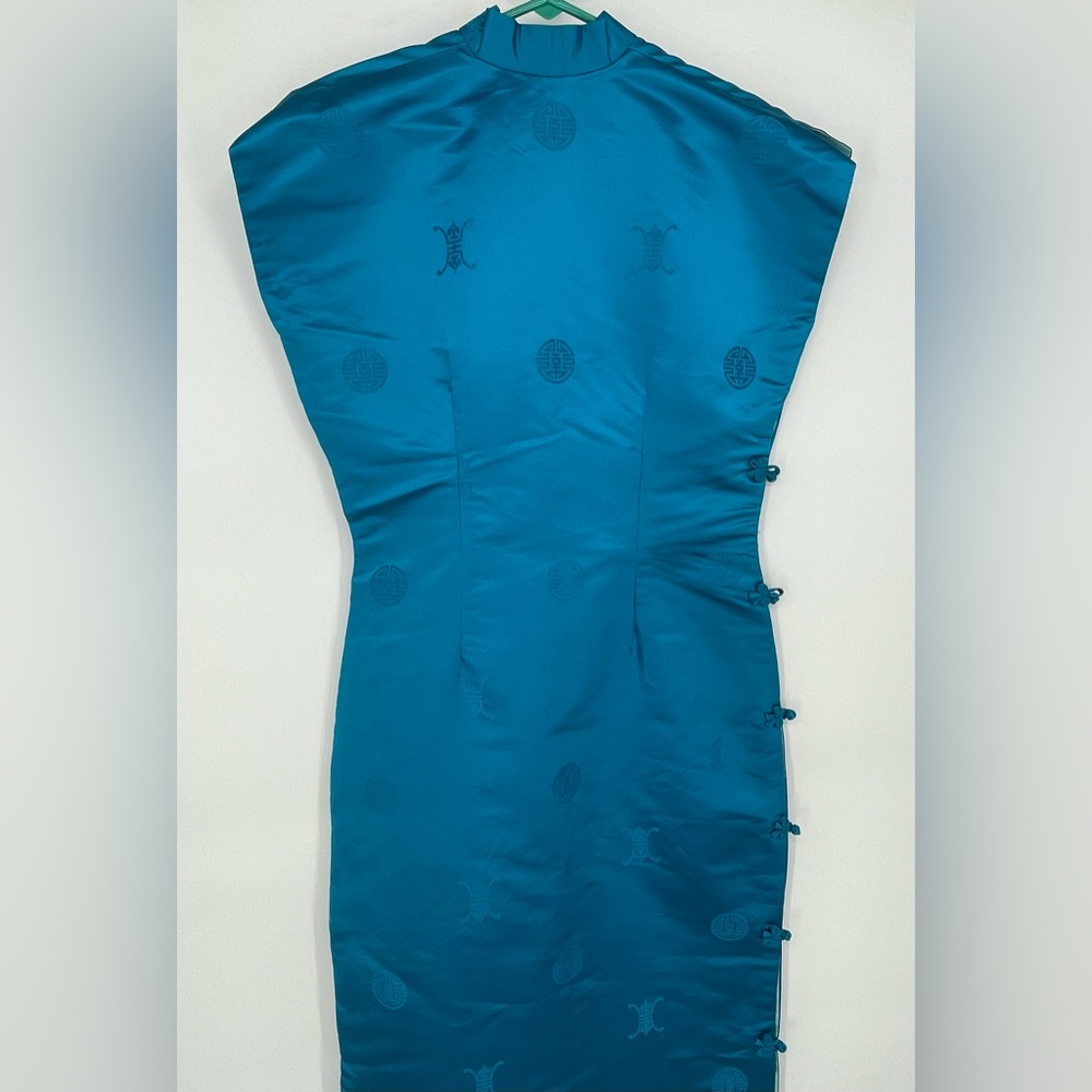 VTG 1960s Mandarin Fashions Aqua Blue Maxi Length Mid Century Cheongsam Dress - Picture 7 of 14